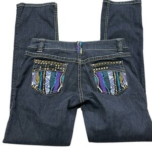COOGI dark wash denim leg Y2K hip hop colorful studded women’s 9/10 broke zipper